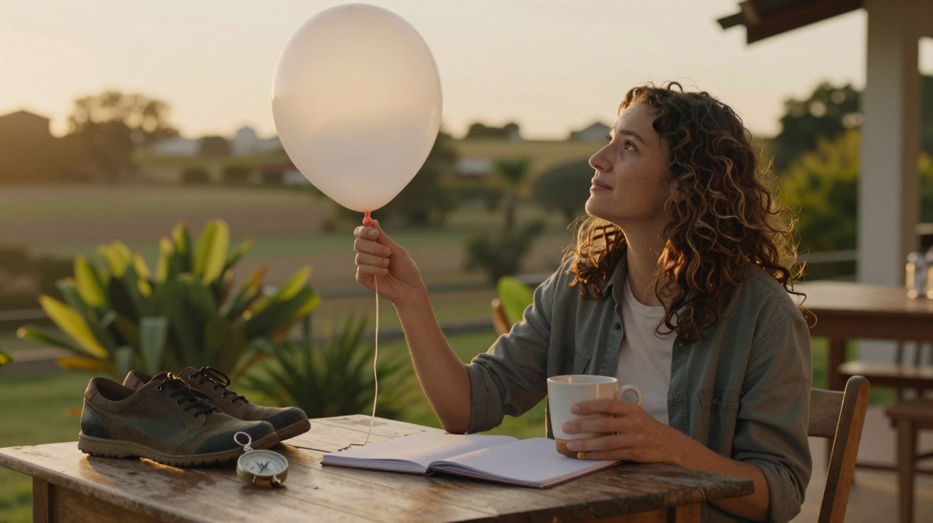 Mulher com balão e chá numa mesa ao ar livre ao pôr do sol.