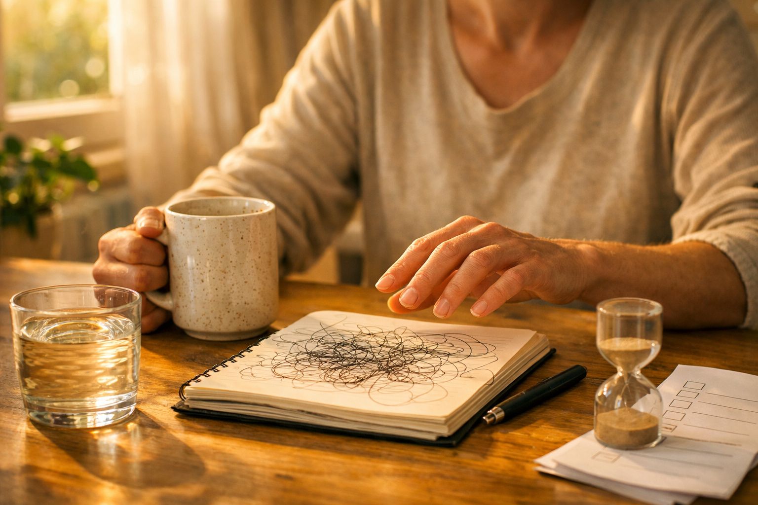 Mulher a gesticular enquanto lê um livro, segurando uma caneca, com um telemóvel na mesa ao lado.