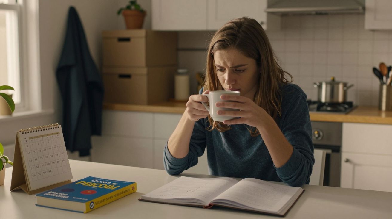 Mulher a beber chá pensativa, sentada na cozinha com livro de psicologia aberto e calendário na mesa.