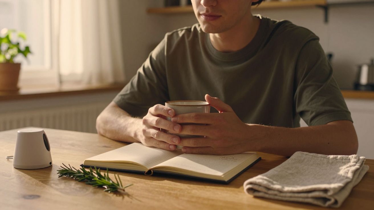 Homem segurando xícara de chá, sentado à mesa com caderno aberto, ramos verdes e toalha dobrada, luz suave da manhã.