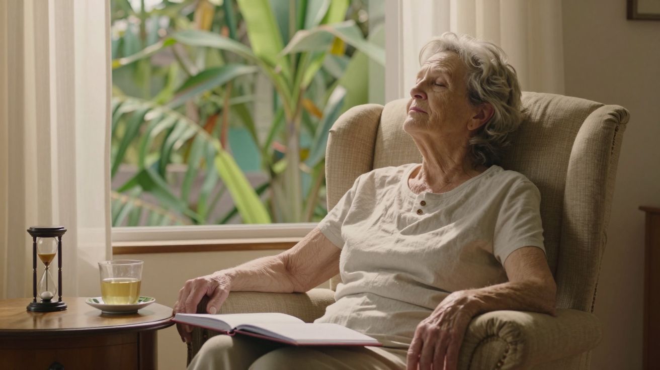 Senhora idosa relaxando numa cadeira perto da janela, com um livro no colo e chá ao lado.