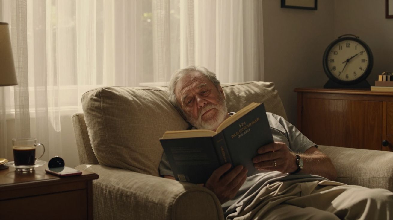 Homem idoso adormecido numa poltrona, com livro aberto, óculos no colo. Xícara de café e relógio ao fundo.
