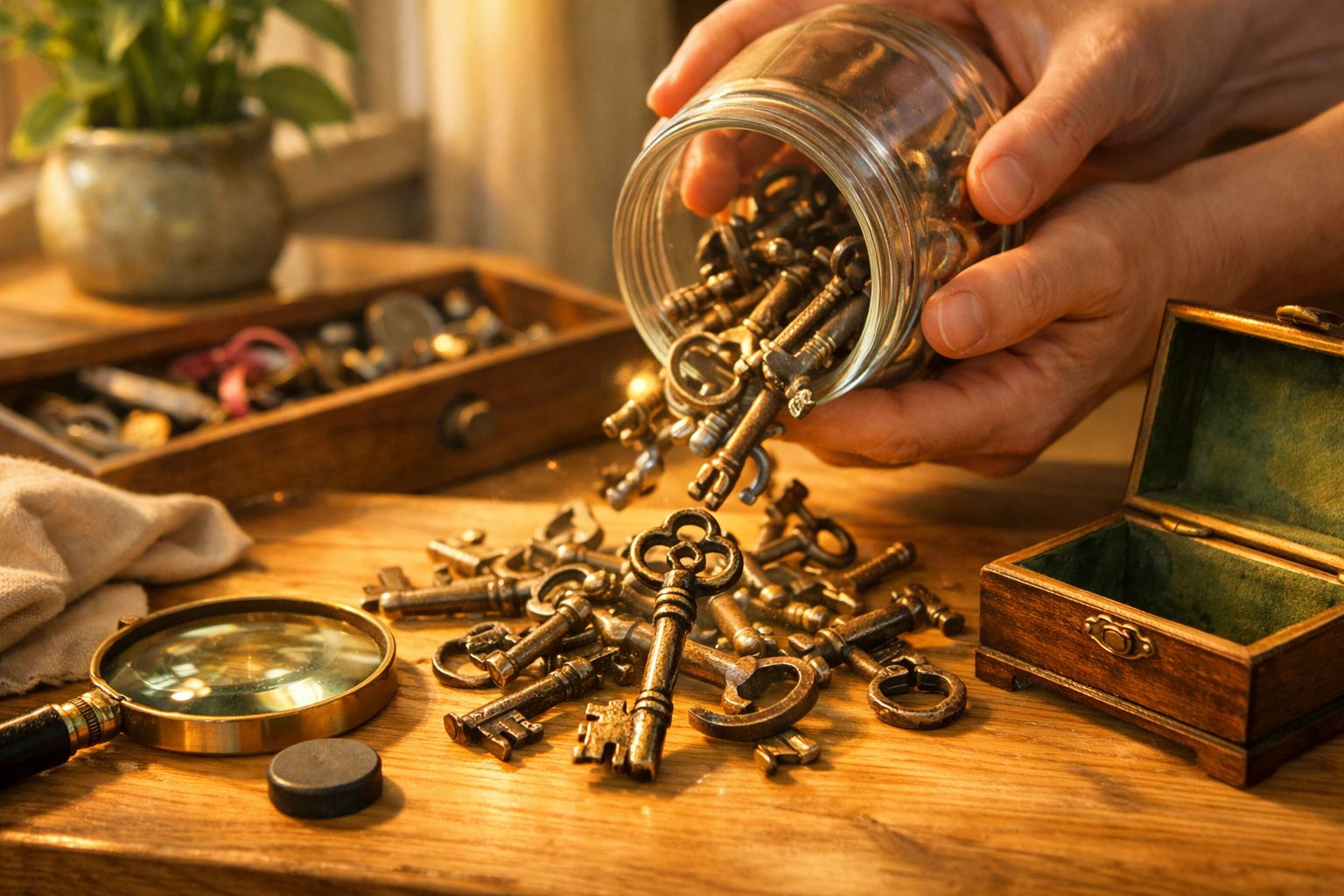 Mão a retirar chave de um frasco sobre mesa, com gaveta aberta e envelopes.