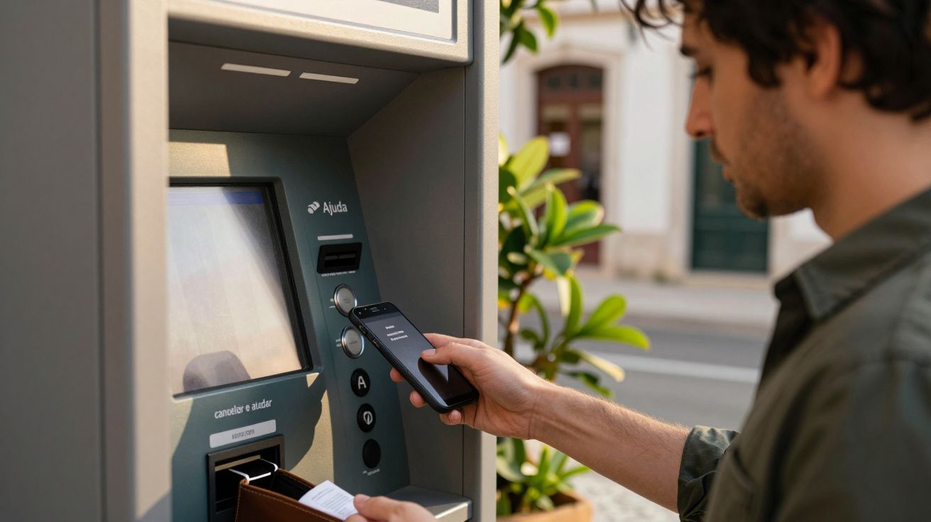 Homem a usar smartphone em multibanco na rua, aproximando-o do ecrã do terminal.