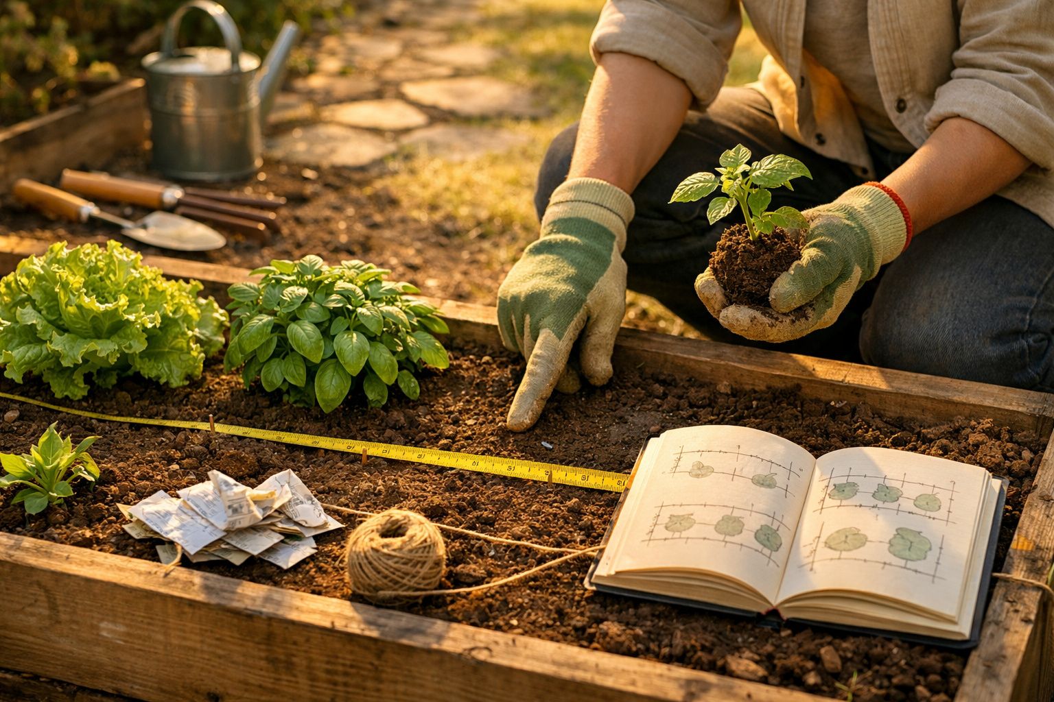 Pessoa cuida de pequenas plantas em vasos de terracota sobre uma mesa de madeira, com ferramentas de jardinagem e desenho.