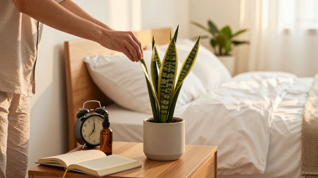 Mão ajusta planta em vaso sobre mesa com relógio, livro e frasco, ao lado de cama com lençóis brancos.
