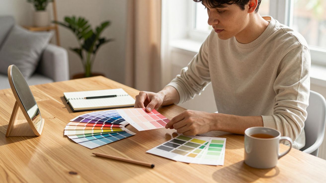Pessoa a examinar amostras de cor numa mesa de madeira, com uma chávena e bloco de notas ao lado, luz natural ao fundo.