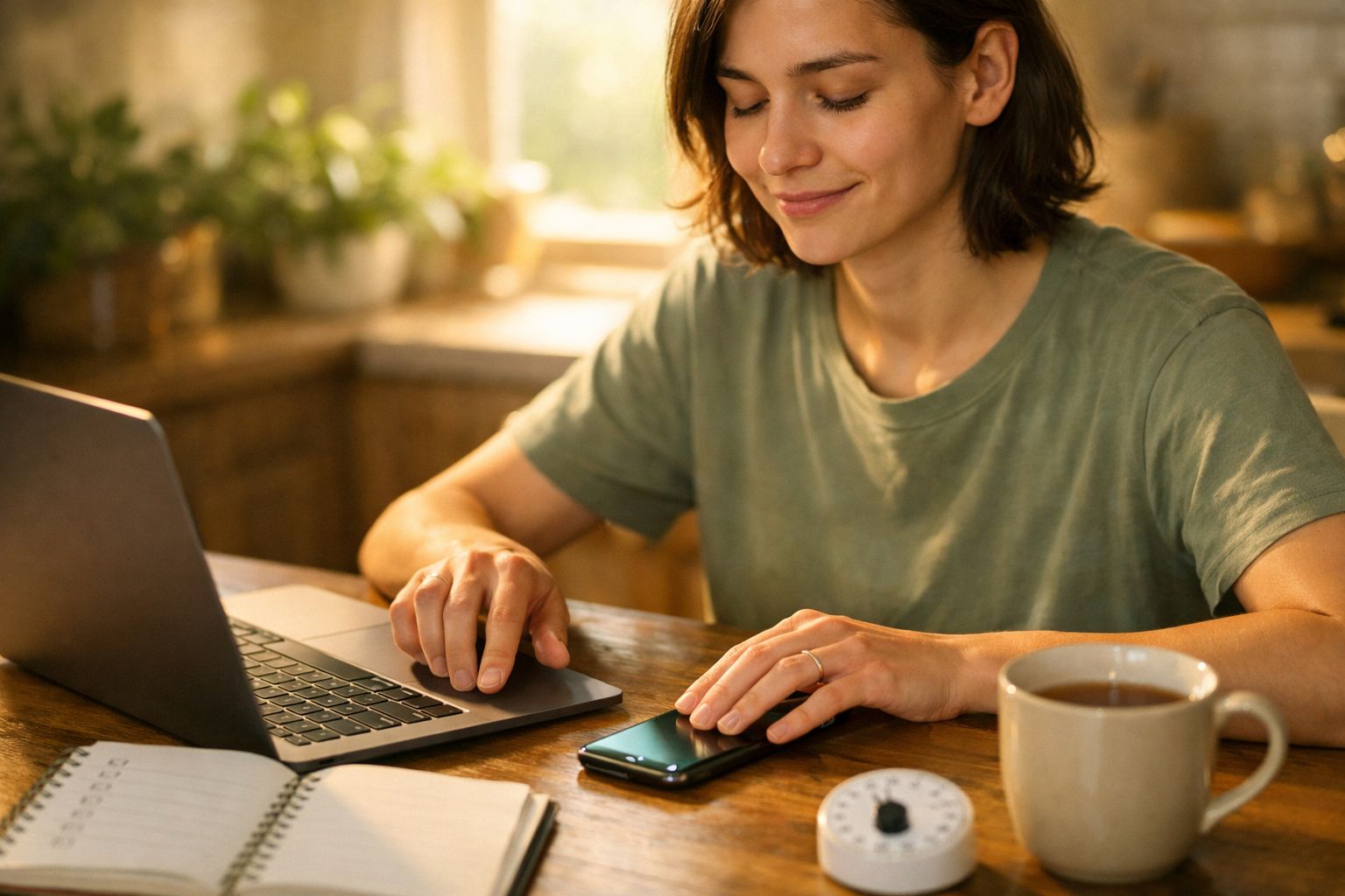 Mulher escrevendo em documentos ao lado de um portátil e uma chávena, com plantas ao fundo numa secretária iluminada.