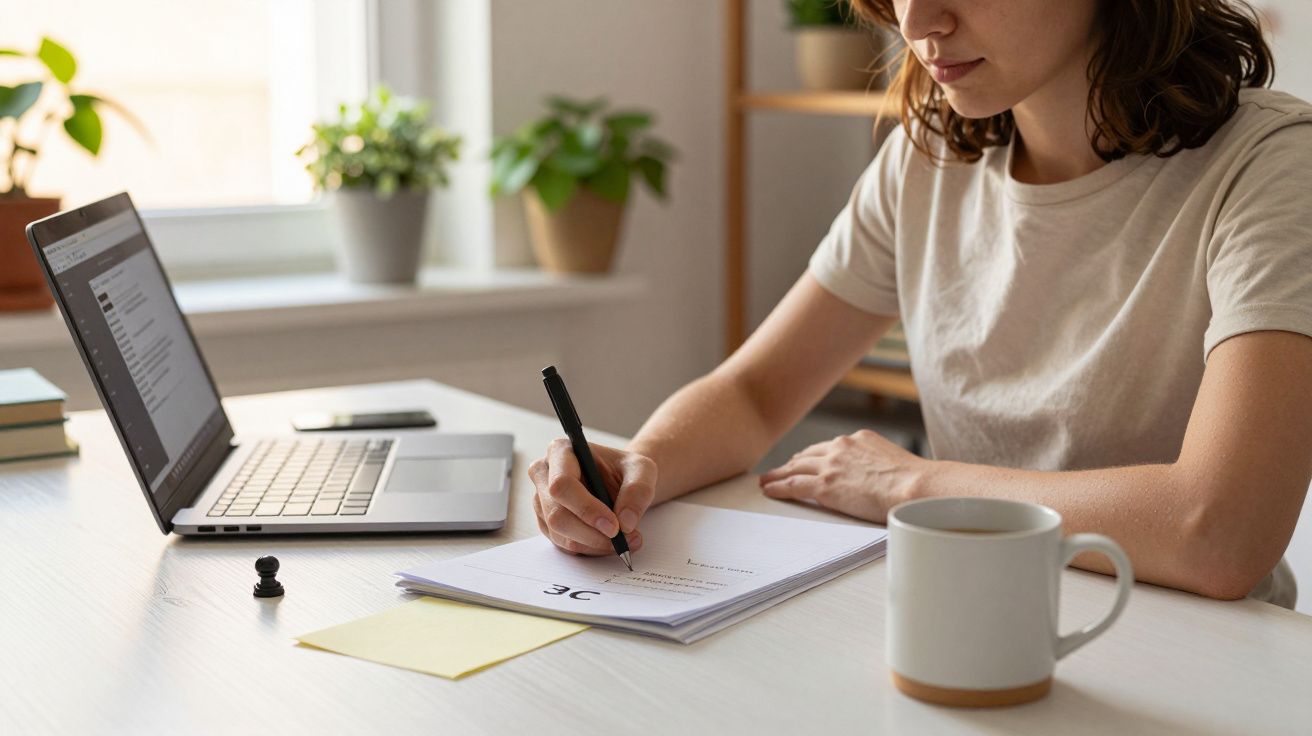Mulher escreve em documentos numa mesa com portátil, chávena e plantas.
