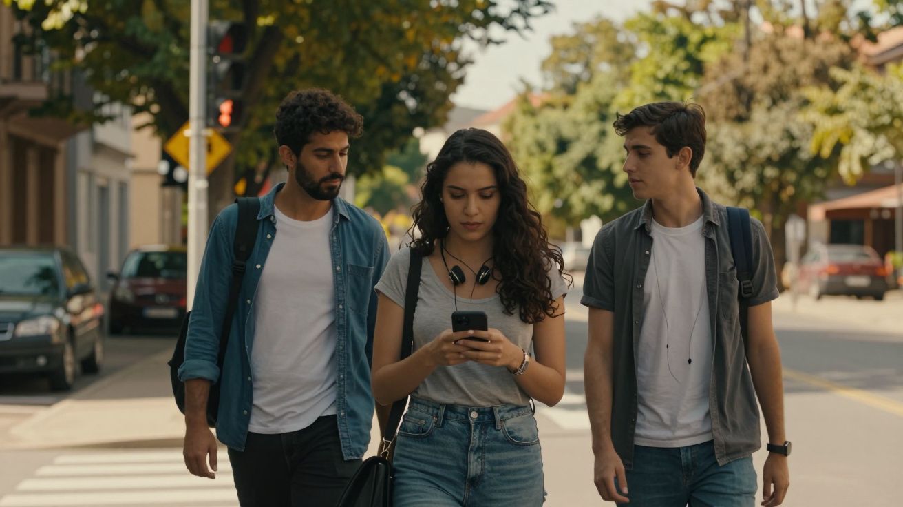 Três jovens caminham numa rua arborizada, com uma rapariga ao centro a olhar para o telemóvel.