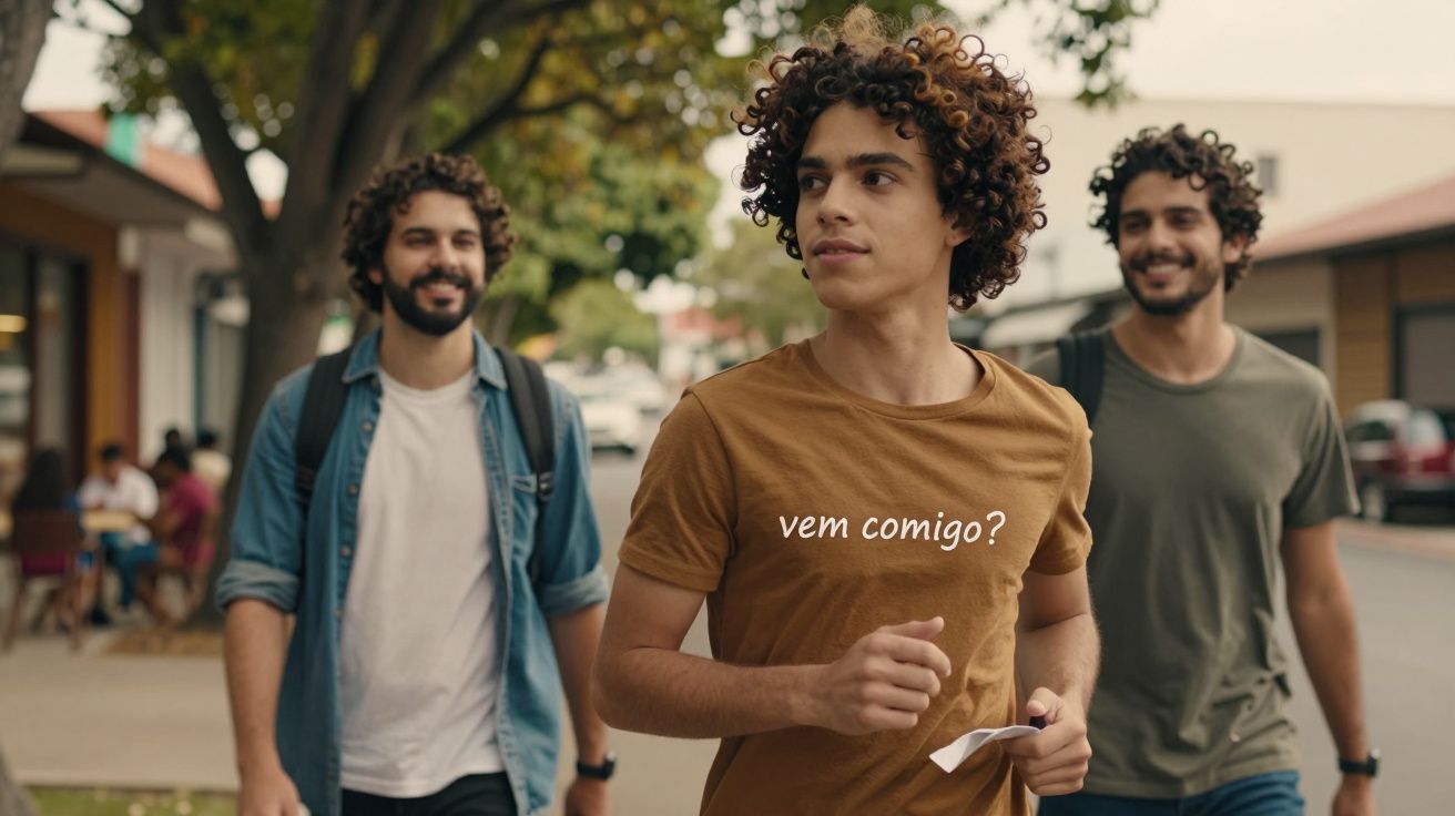 Três jovens com cabelos encaracolados caminhando numa rua arborizada; o da frente usa t-shirt com a frase "vem comigo?".