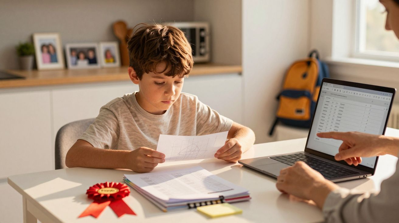 Criança estuda papel numa mesa com laptop e documentos. Adulto aponta para o ecrã. Mochila e fotos ao fundo.