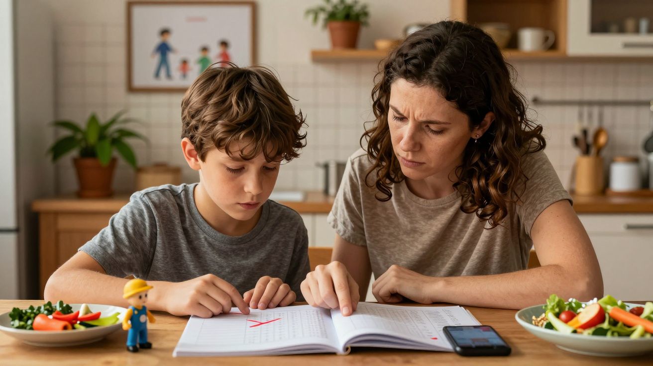 Mulher ajuda criança a estudar na cozinha, com livro aberto na mesa e salada ao lado.