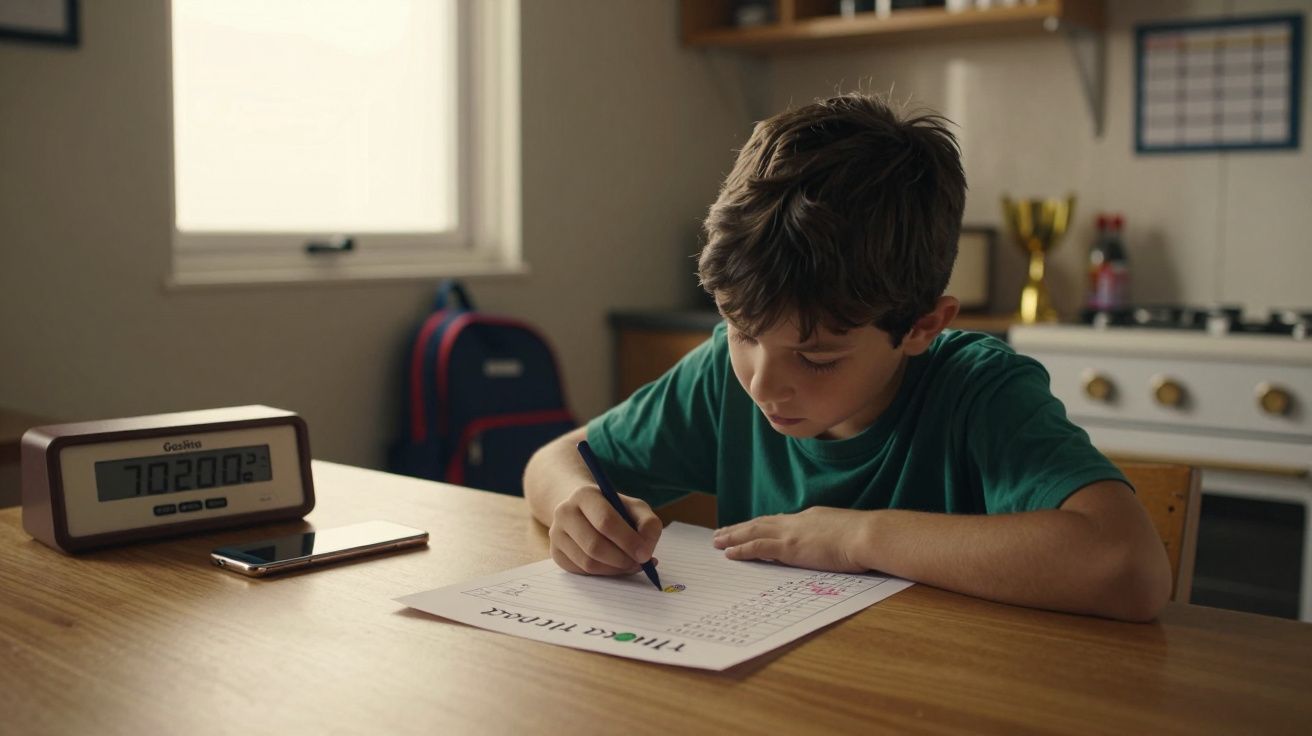 Rapaz a fazer trabalhos de casa à mesa da cozinha, com relógio digital e telemóvel ao lado.