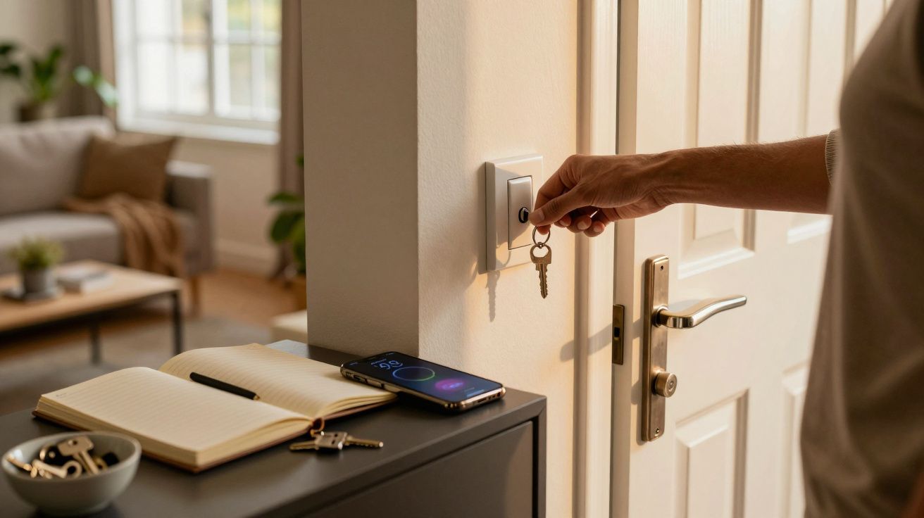 Mão de pessoa a colocar chave na porta, com caderno e telemóvel sobre mesa ao lado. Sala de estar ao fundo.