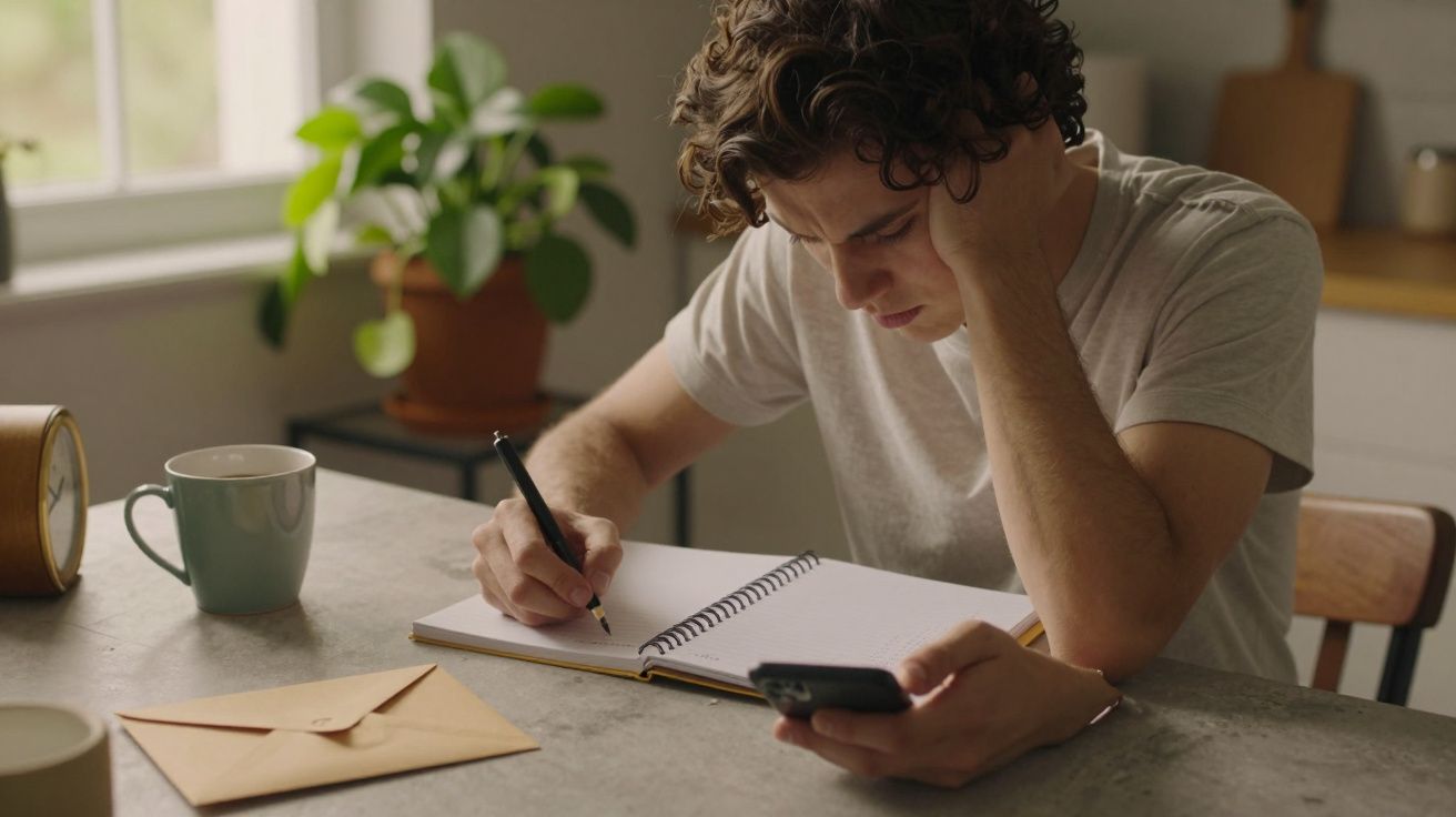 Homem escrevendo num caderno enquanto segura um telemóvel, com uma caneca e um envelope sobre a mesa.