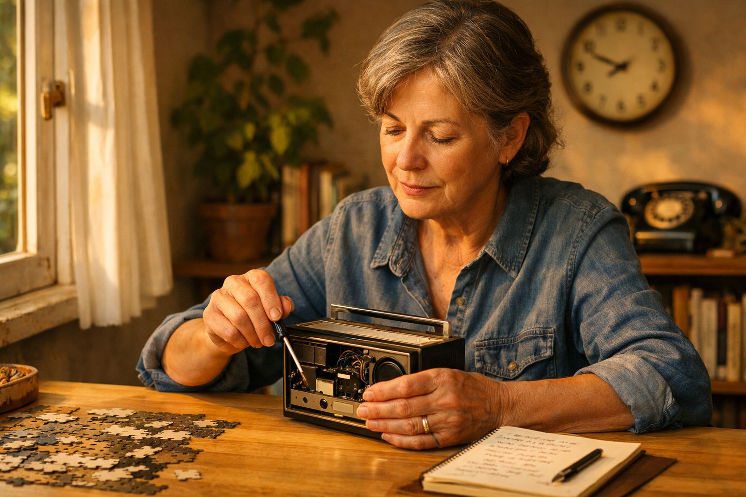 Avô e neto consertam rádio antigo no tapete da sala iluminada pelo sol.