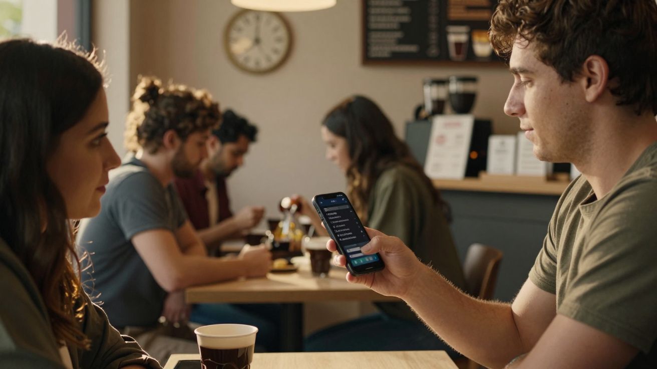 Homem a olhar para o telemóvel sentado numa cafetaria, rodeado de outras pessoas a conversar e beber café.