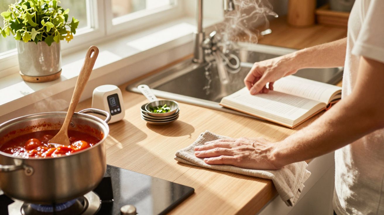 Pessoa a cozinhar com livro de receitas na cozinha, panela com molho de tomate ao lume.