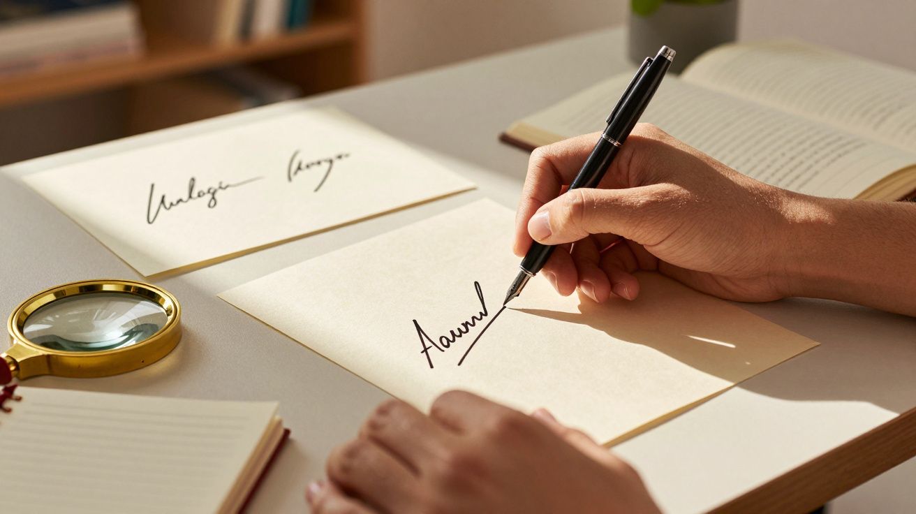 Mãos escrevendo numa folha de papel com caneta, ao lado de um livro aberto e uma lupa sobre a mesa.
