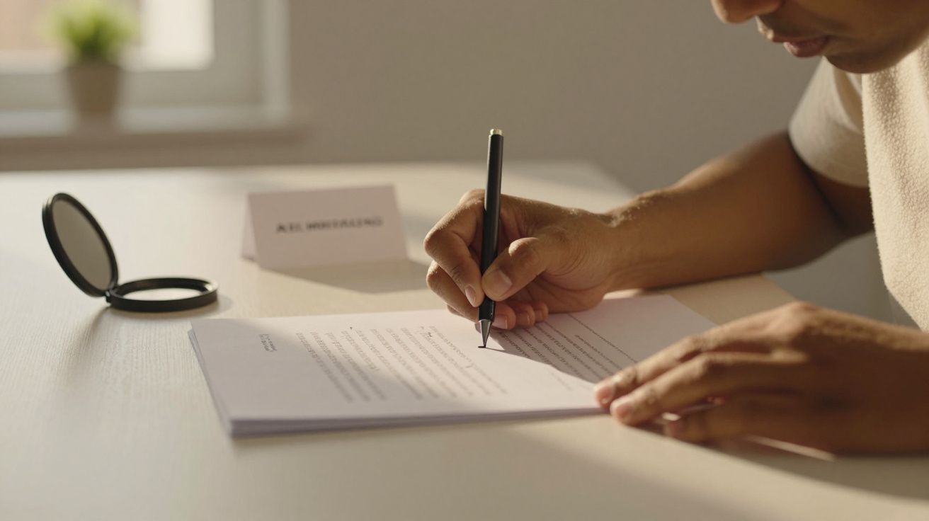 Pessoa a escrever em papéis com uma caneta, numa mesa iluminada pelo sol. Ao fundo, um porta-documentos e uma planta.