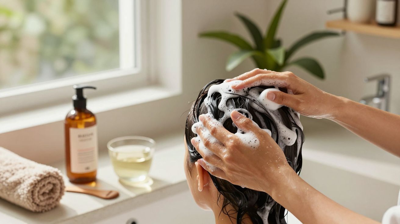 Pessoa a lavar o cabelo com champô na casa de banho, ao lado de uma janela, toalha e planta decorativa.