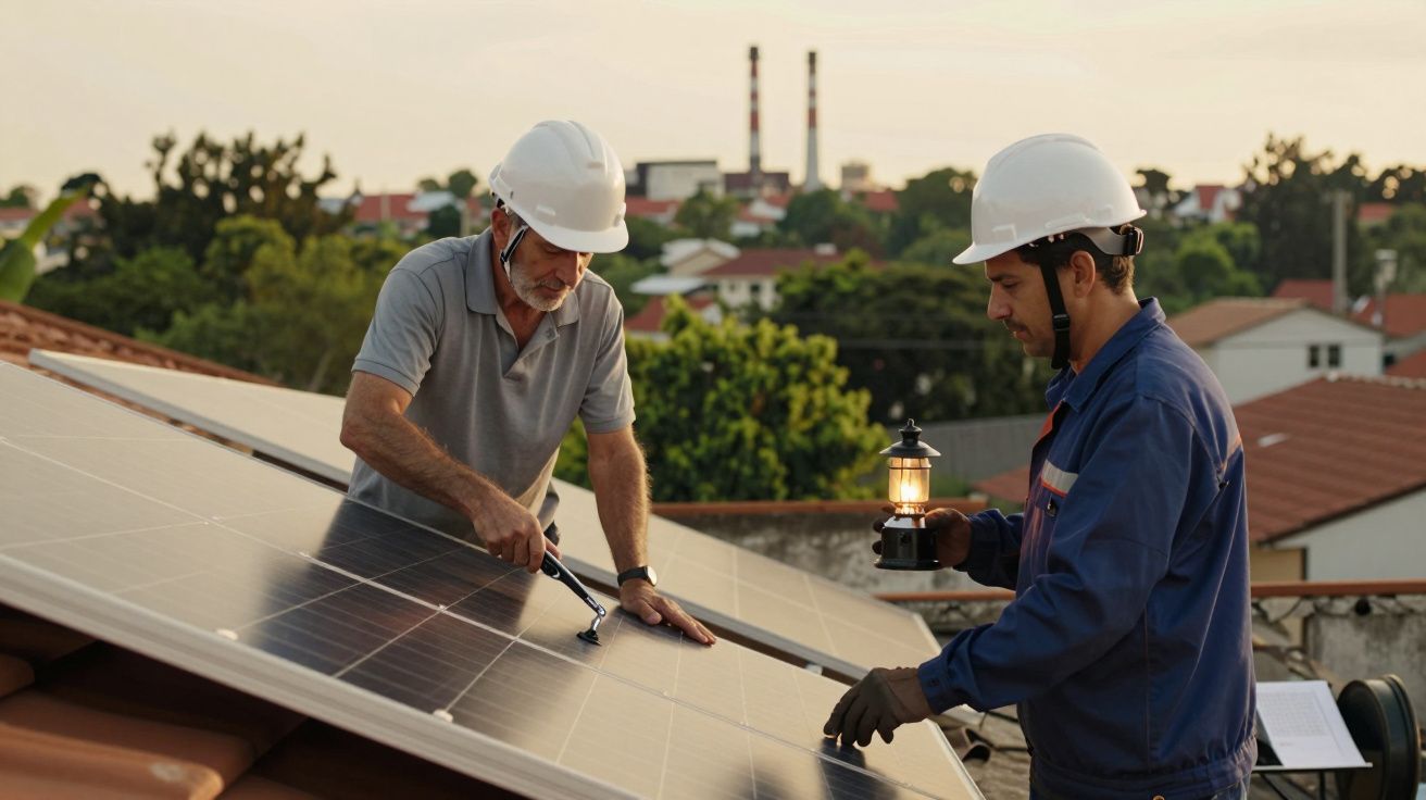 Dois homens com capacetes instalam painéis solares num telhado, ao fundo uma área urbana e árvores.
