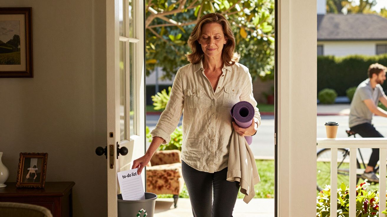 Mulher a entrar em casa, segurando um tapete de ioga e a deitar fora uma lista de tarefas.