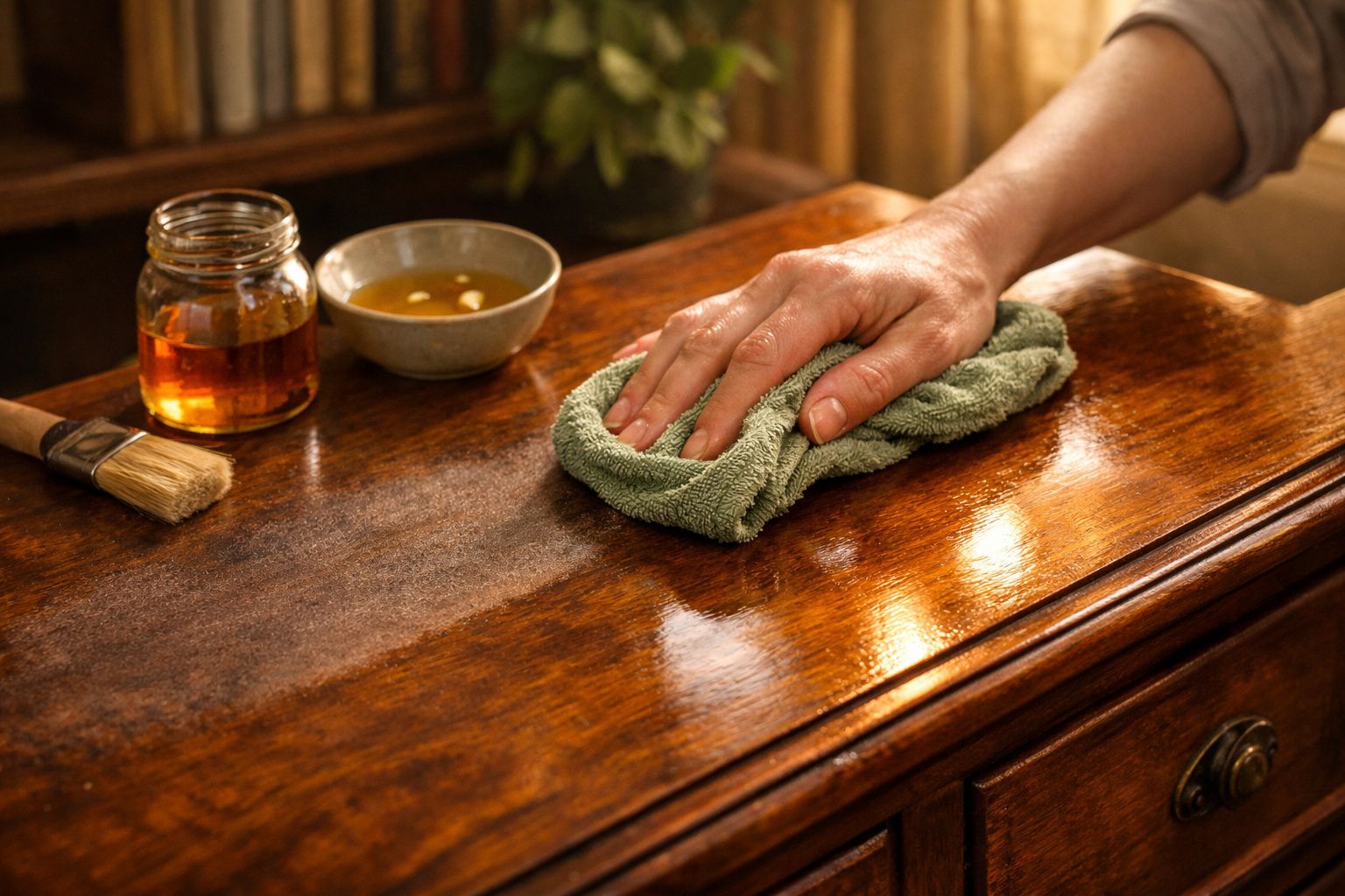 Mão limpando uma mesa de madeira com pano, ao lado de uma tigela de líquido e uma escova.
