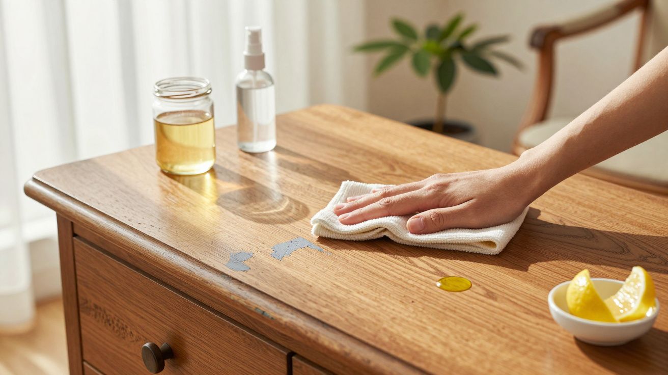 Pessoa a limpar uma mesa de madeira com um pano, próxima de um frasco de spray, óleo e fatias de limão.