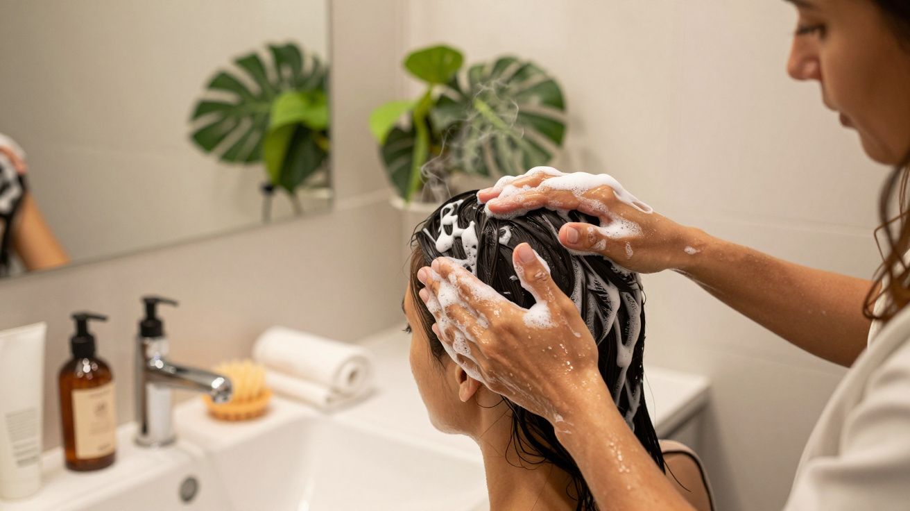 Pessoa a lavar o cabelo de outra pessoa com champô, num lavatório de casa de banho com espelho e plantas ao fundo.