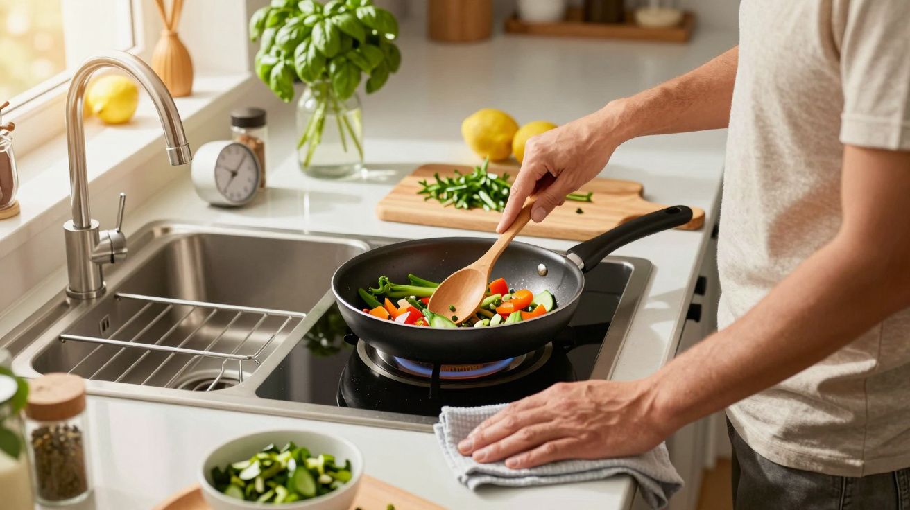 Pessoa a cozinhar legumes coloridos numa frigideira numa cozinha bem iluminada.