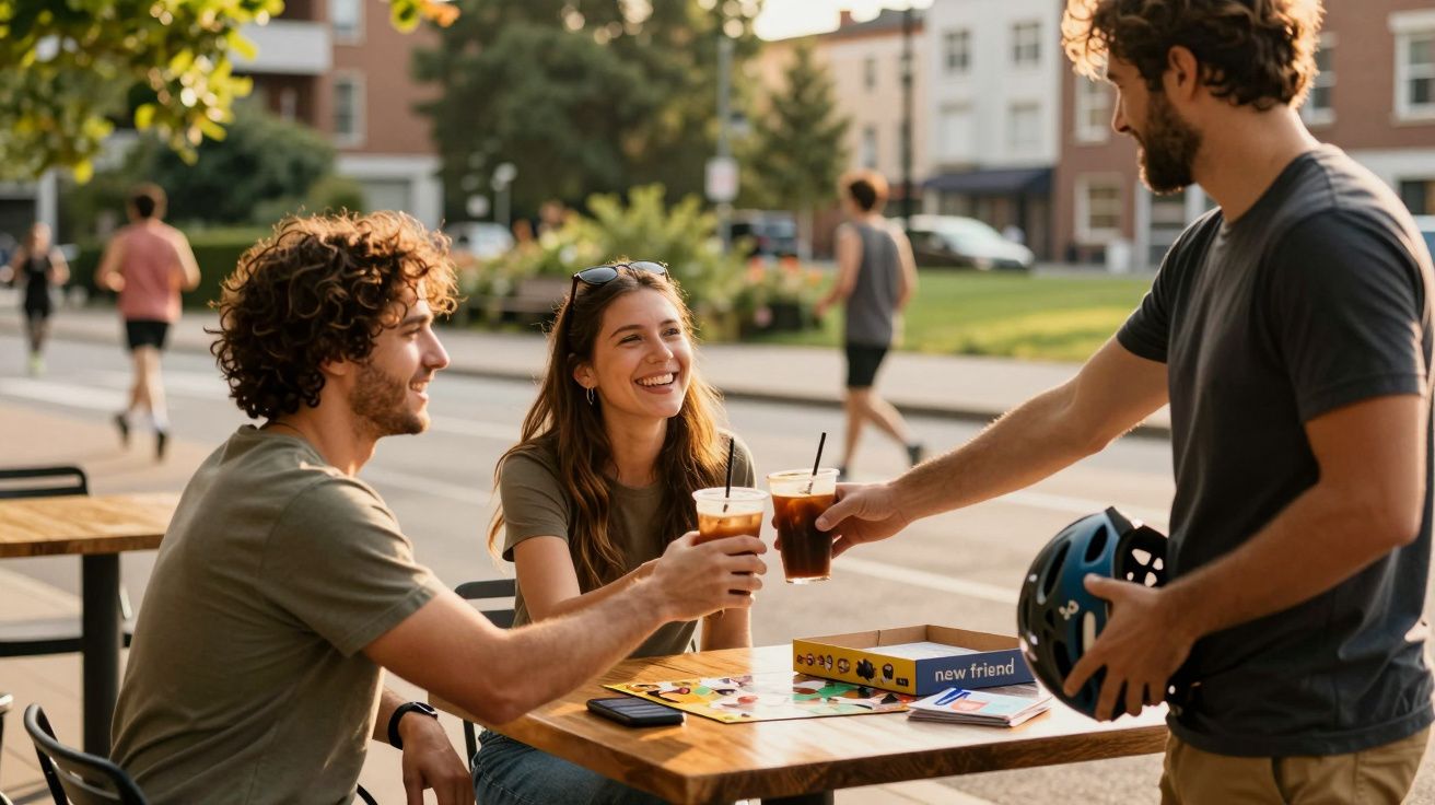 Três pessoas conversam e bebem na esplanada de um café, uma delas segura um capacete de bicicleta.