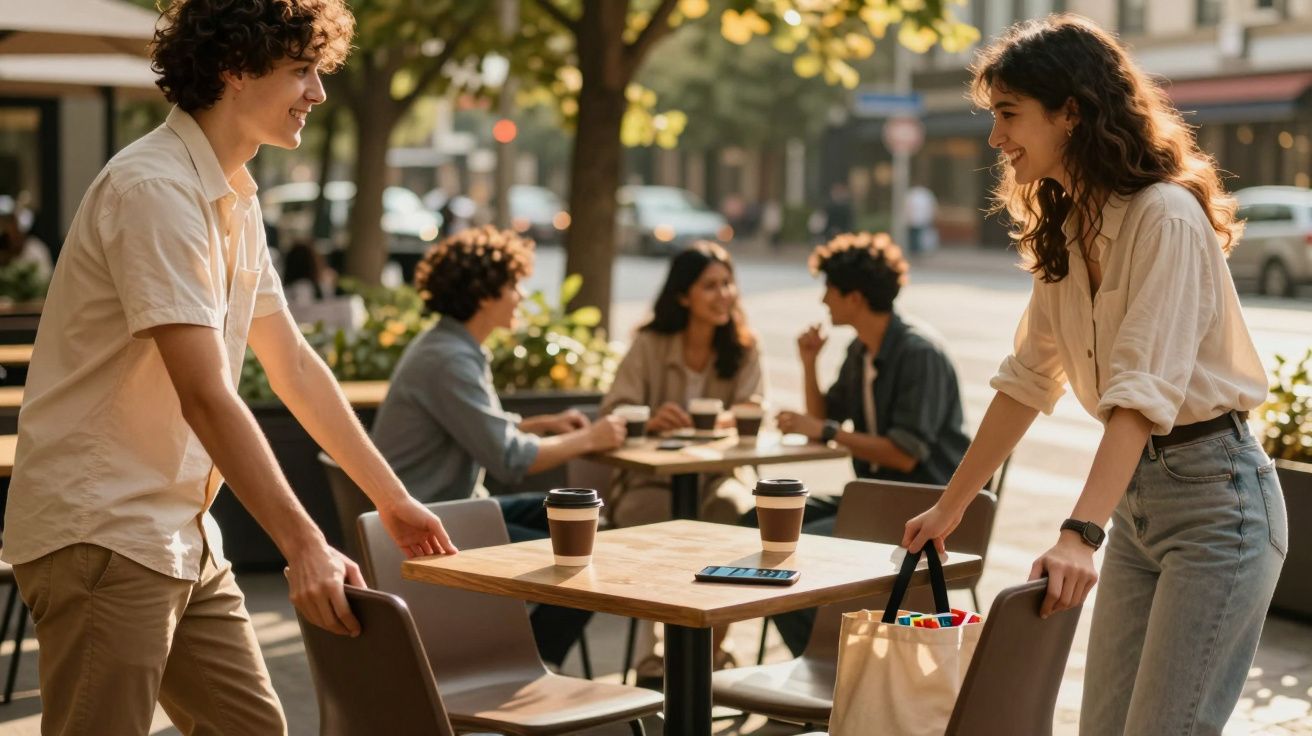 Dois jovens conversam numa esplanada, enquanto três pessoas ao fundo partilham uma mesa com cafés.