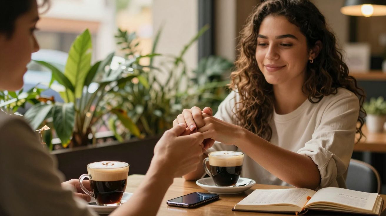 Duas pessoas conversam num café, segurando as mãos, com bebidas e um livro aberto na mesa.