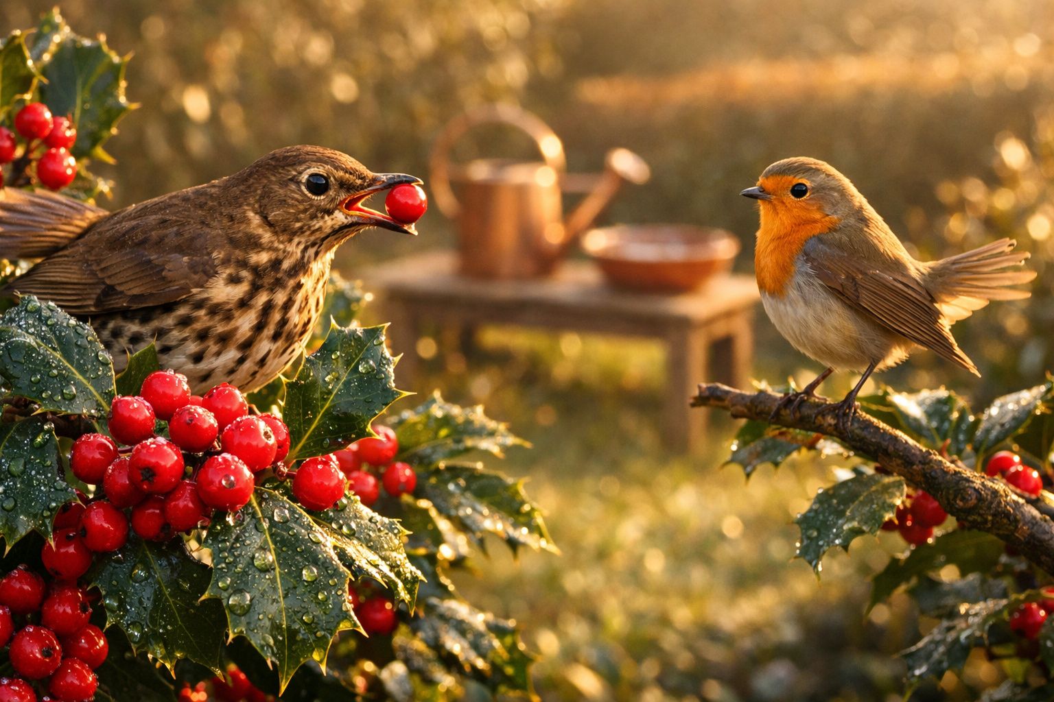 Mãos com luvas segurando raminho com bagas vermelhas; pássaro e vaso ao fundo no jardim.