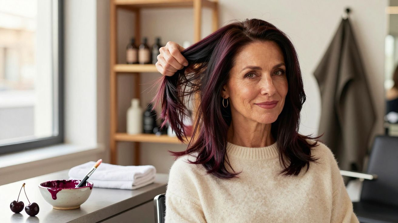 Mulher sorrindo, veste camisola branca, segura o cabelo tingido de roxo num salão com frascos de produtos ao fundo.