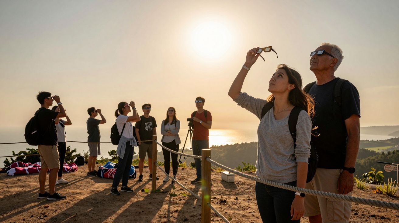 Grupo de pessoas a observar o sol numa paisagem costeira, algumas ajustam óculos de sol, ao entardecer.
