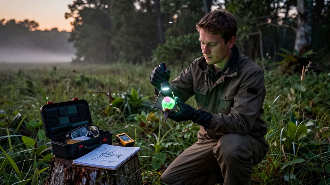 Homem a segurar um dispositivo luminoso numa floresta, rodeado de equipamento científico sobre um tronco de árvore.