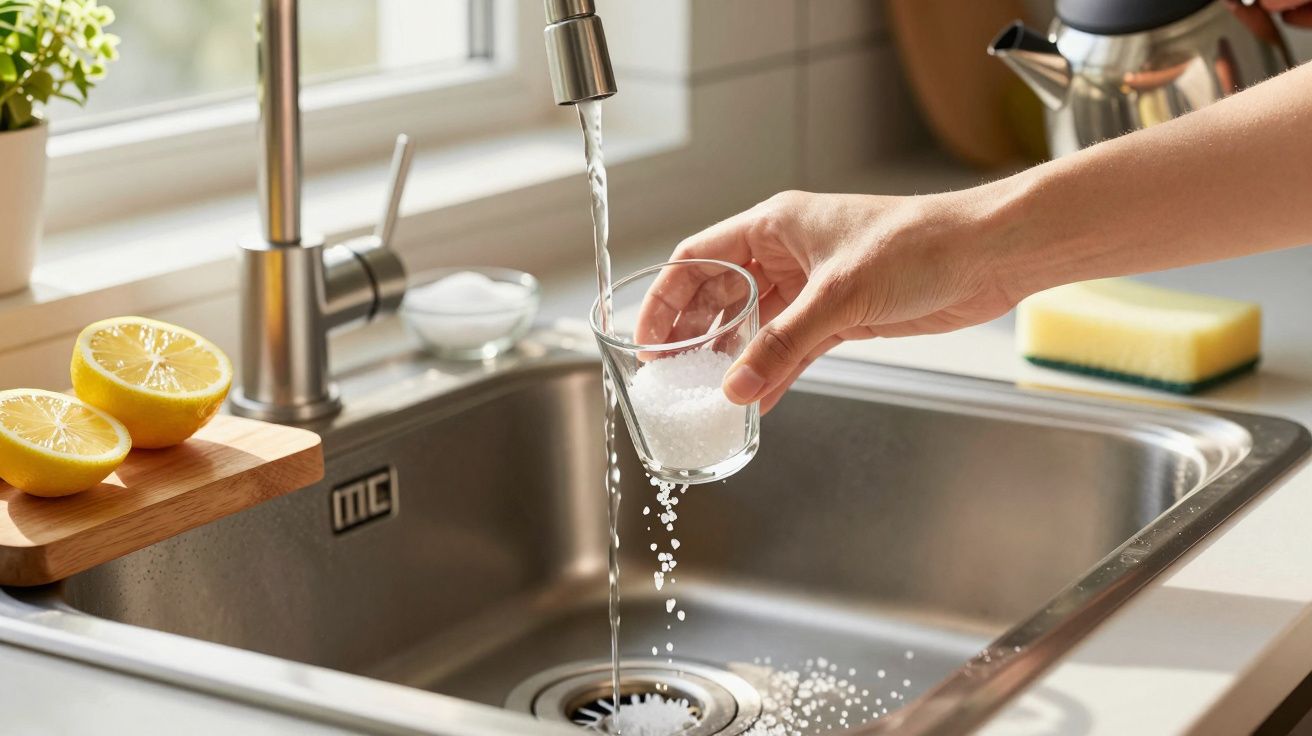 Mão segurando copo de sal sob água corrente na cozinha, com limões e esponja ao fundo.