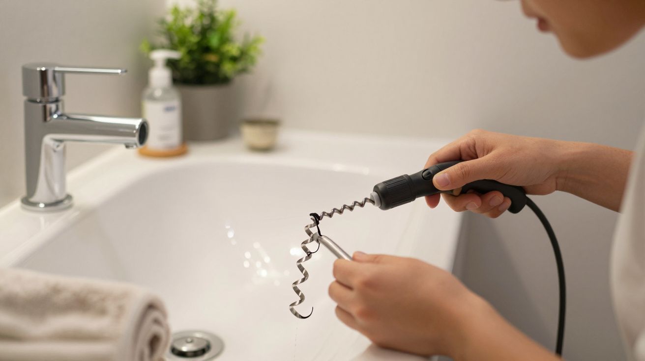 Pessoa limpa ralo da casa de banho com ferramenta em espiral, ao lado de lavatório com toalha e sabonete.