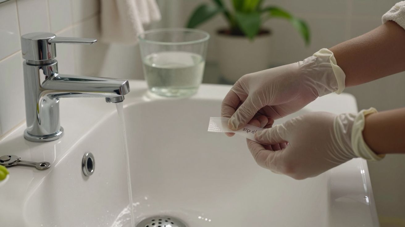 Pessoa com luvas abre embalagem sobre pia com torneira aberta e copo de água ao fundo.