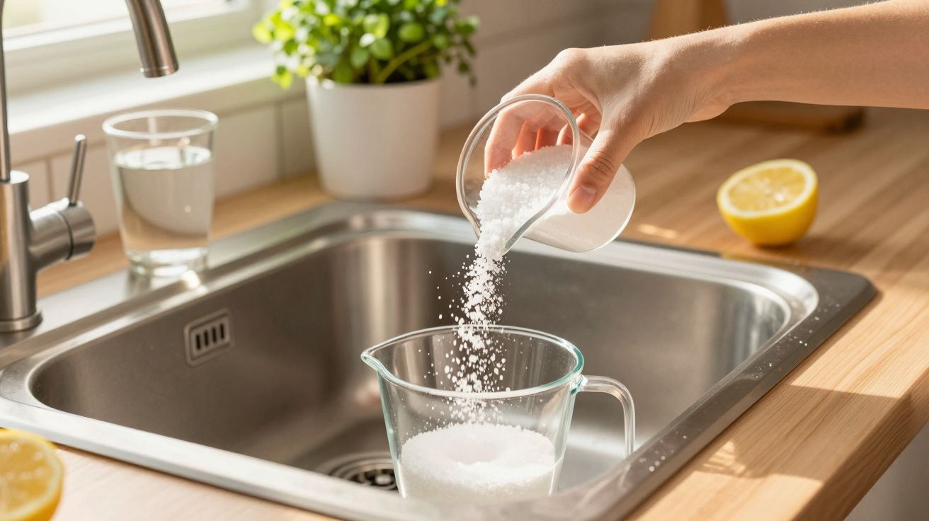 Mão a despejar sal num copo medidor sobre uma pia, com um limão cortado ao fundo.