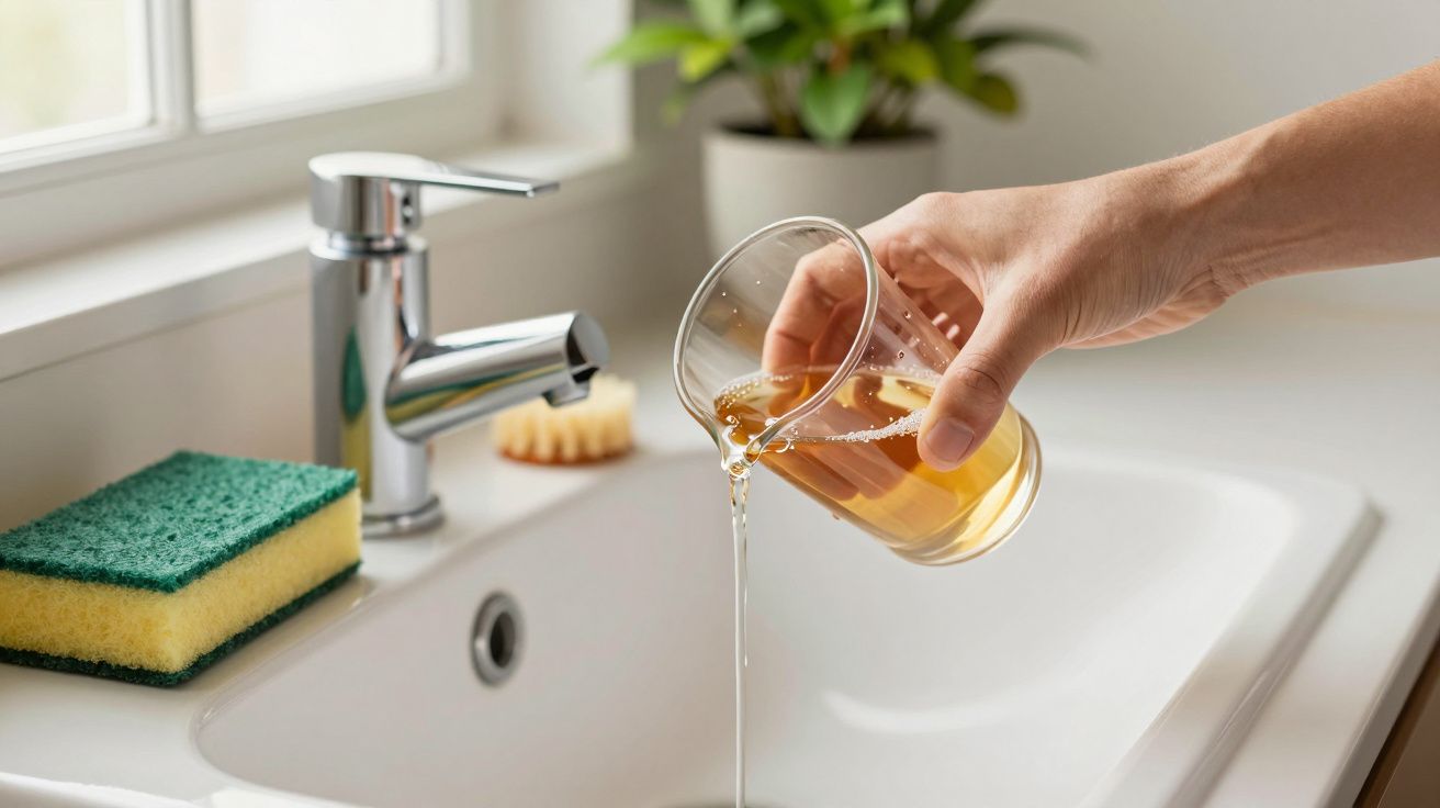 Mão a despejar líquido amarelado no lavatório da cozinha com esponja verde e planta ao fundo.