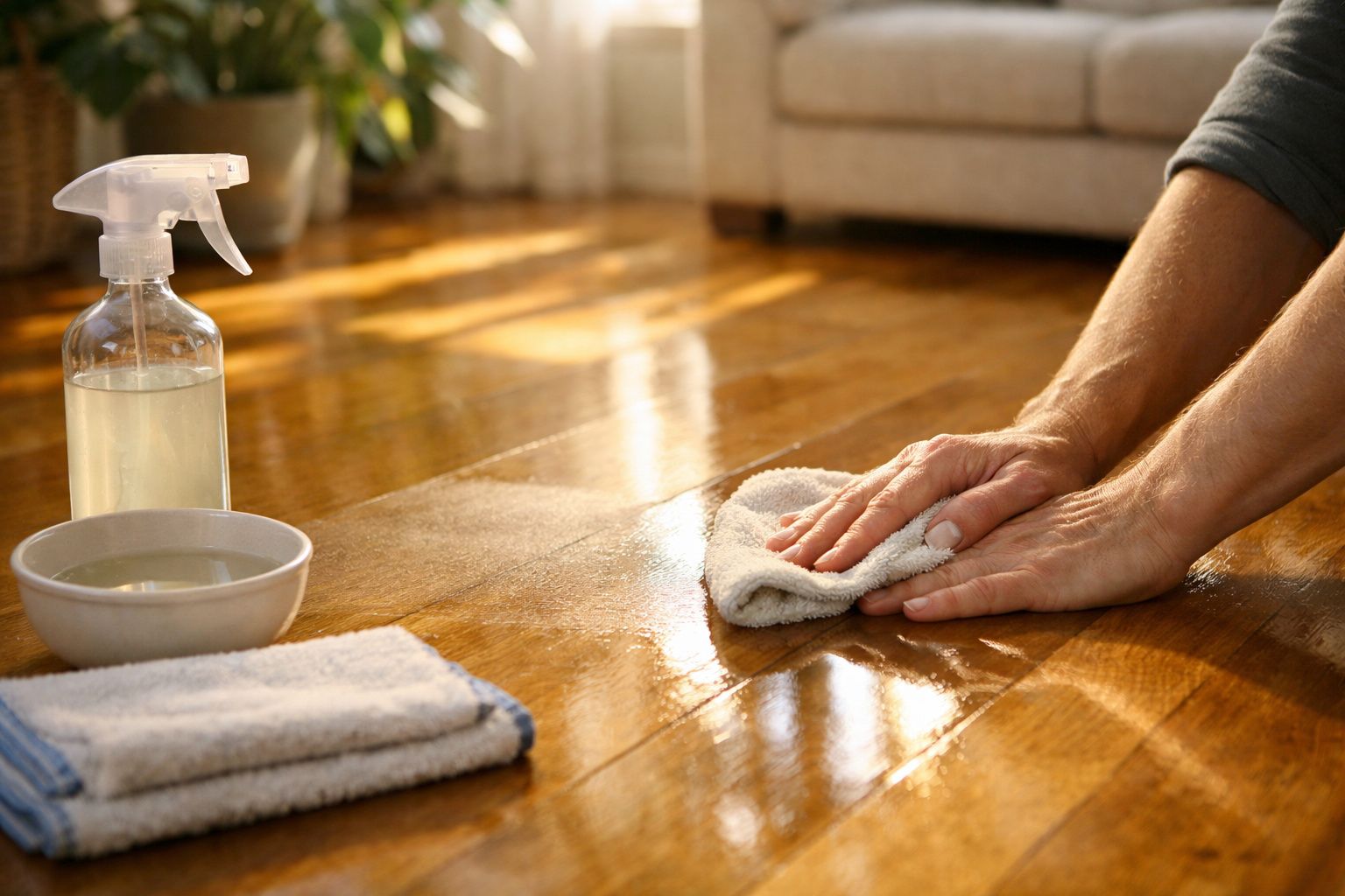 Mãos próximas a frasco de óleo com conta-gotas e copo d'água sobre mesa de madeira, planta ao fundo.