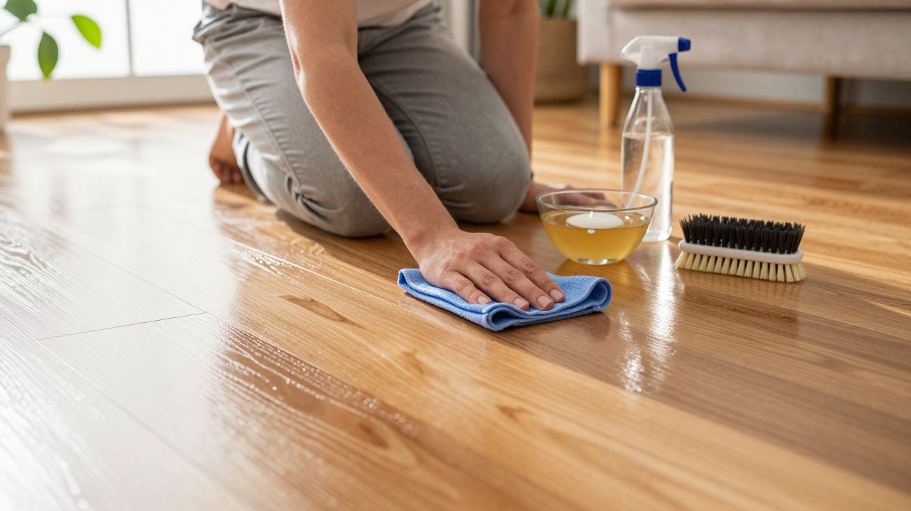 Pessoas a limpar o chão de madeira com um pano azul, uma escova e um recipiente ao lado.