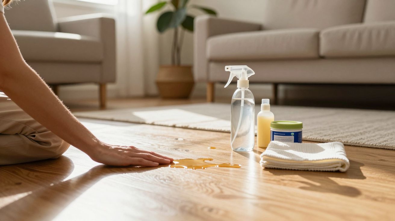 Pessoa a limpar líquido derramado no chão de madeira, com produtos de limpeza e panos ao lado.