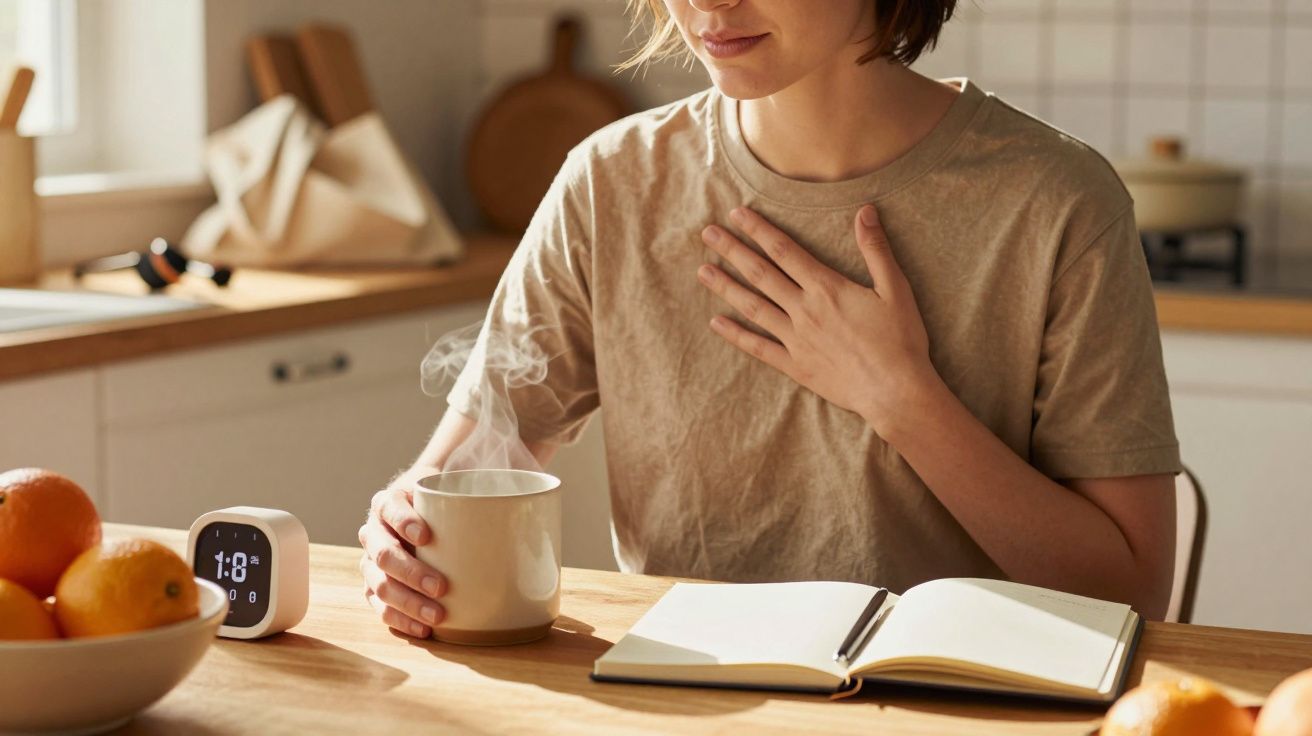 Pessoa com mão no peito segurando caneca de chá, livro aberto, laranja e relógio na mesa da cozinha.