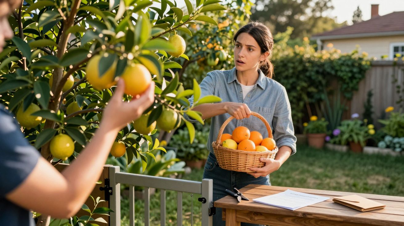 Mulher colhe laranjas no jardim, segurando um cesto cheio; outra pessoa à esquerda colhe uma laranja da árvore.