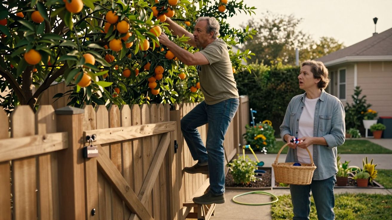 Homem colhe laranjas de uma árvore, empoleirado numa cerca de madeira, enquanto uma mulher segura um cesto ao lado.